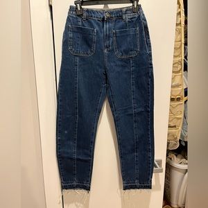 ZARA PAPERBAG MOM JEAN CINCHED WAIST DENIM DISTRESSED CROPPED HEM